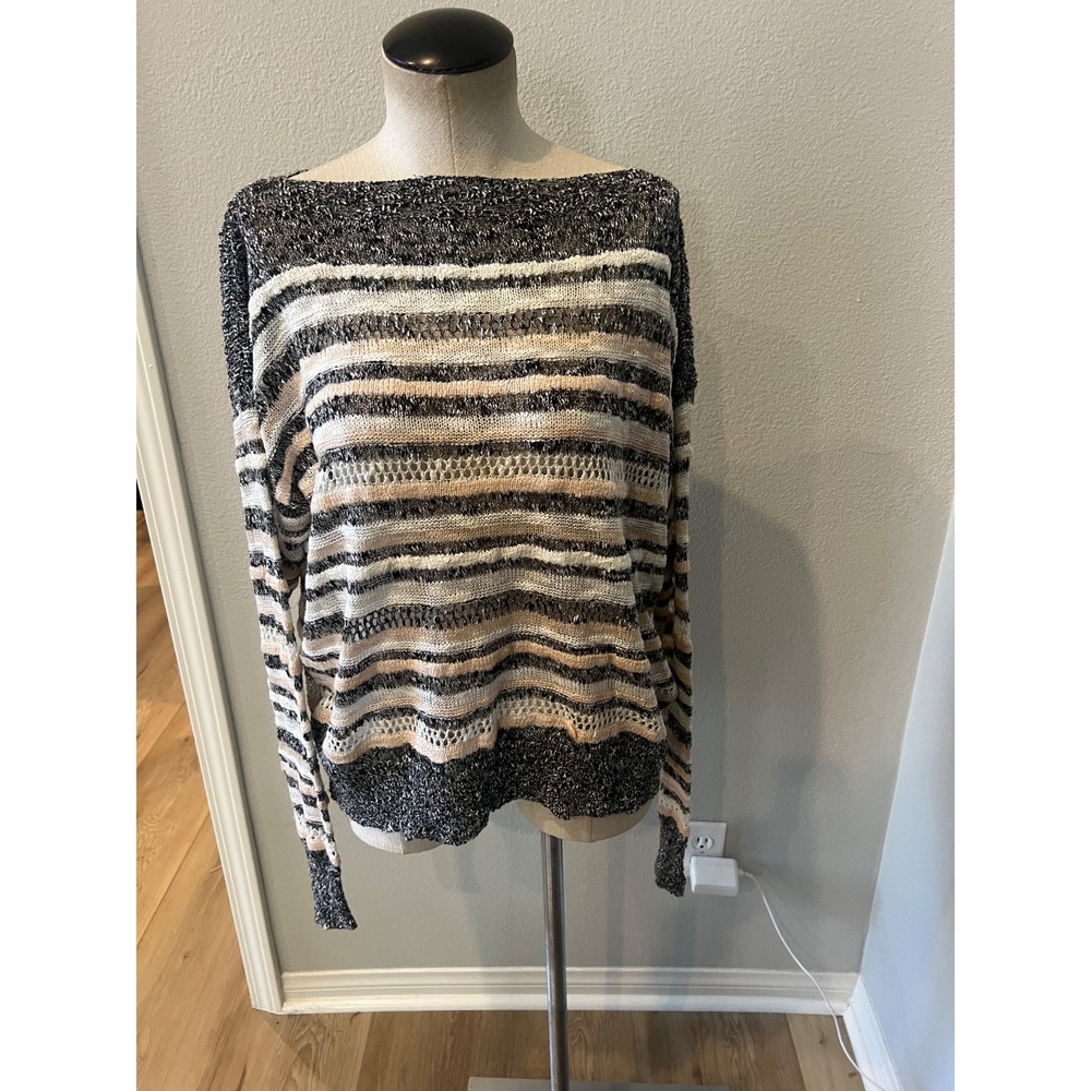 Cozy Casual Women M/L Open Knit Striped Sweater Black Cream Metallic Boho